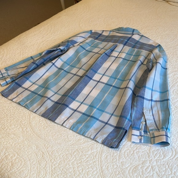 100% Linen Button Front Shirt Plaid Tunic Top Women XL Blue Long Coastal Preppy - Picture 15 of 17